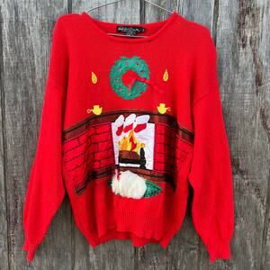 Vintage 90s Ugly Christmas Cozy Hearth Wreath Stockings Dog on Rug Sweater LARGE